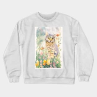 Happy Striped Cat in Flower Garden Crewneck Sweatshirt